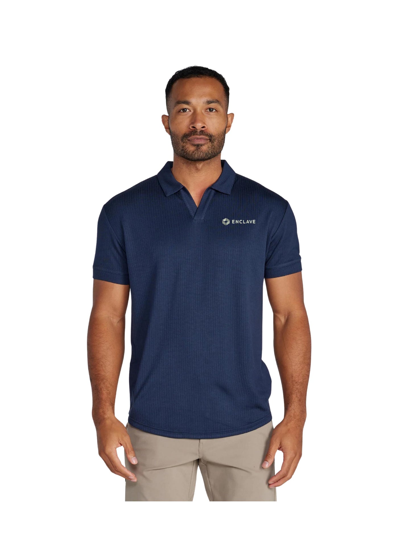 EC102. BYLT Men's Ribbed Short Sleeve Open V Polo