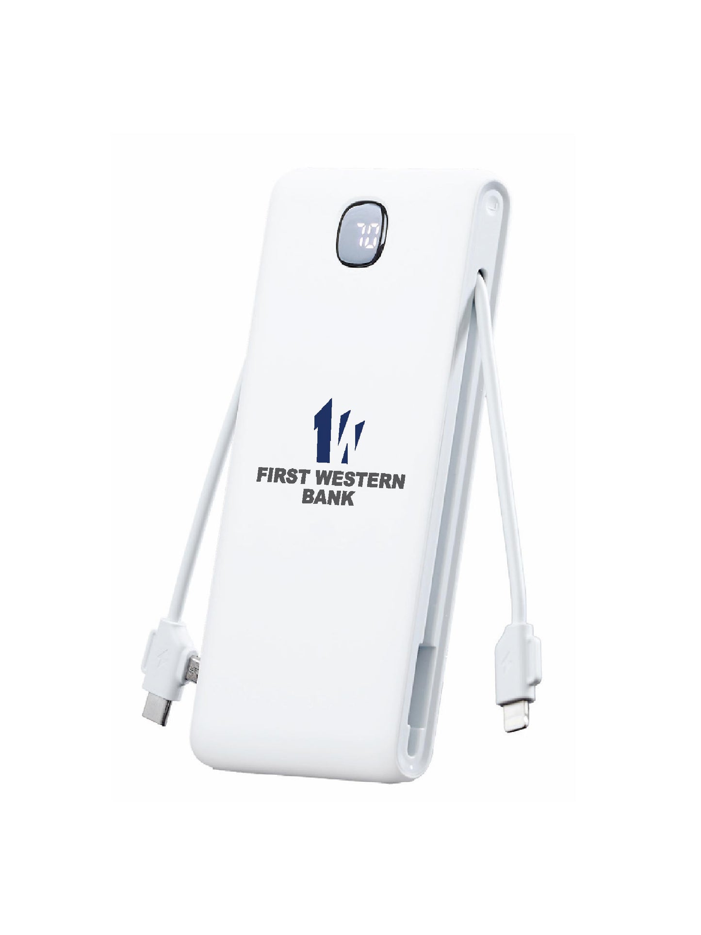 FW500. Zenith 10,000 mAh Power Bank with Built-in Cables and Retractable AC Wall Plug